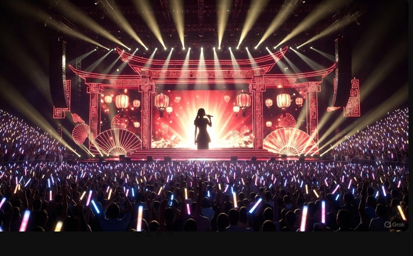 中国の大規模な会場でパフォーマンスを行うアーティストのイメージ。熱狂する観客と豪華なステージセット