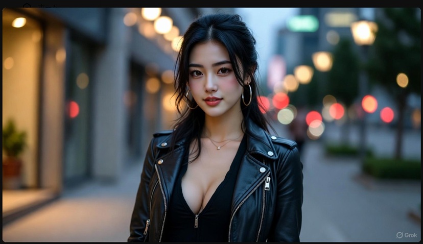 都会の夜景を背景に自信に満ちた笑顔を見せる、洗練された日本人女性アーティストのポートレート