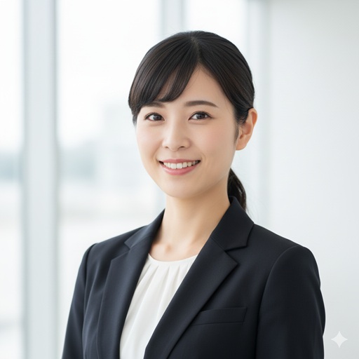 明るい窓を背景に、リクルートスーツを着て微笑む日本人女性のポートレート。