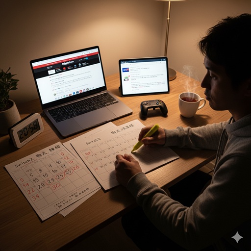 Switch2購入戦略のため、ノートパソコンとスマートフォンが置かれた机の上で、カレンダーの特定の日付（5のつく金曜日をイメージ）に印をつけて計画を立てている様子。