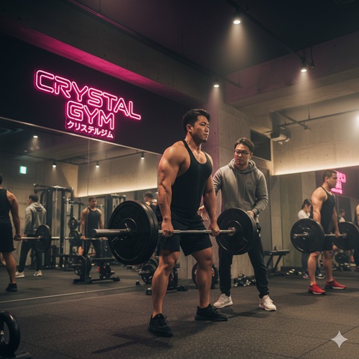 「CRYSTAL GYM クリスタルジム」というネオンサインが光るジムで、デッドリフトを行う筋肉質の日本人男性と、それを見守る日本人男性トレーナー。