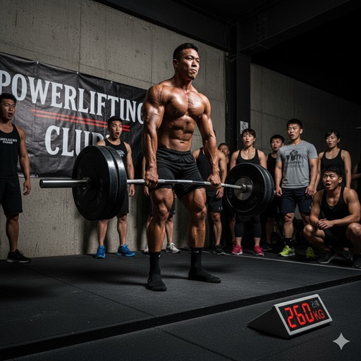 - パワーリフティングの大会で、260kgと表示されたデジタル表示計の前でデッドリフトを始める筋肉質の日本人男性選手。周囲には真剣な表情の他の日本人選手や観客が見守っている