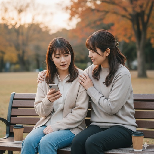 ベンチに座り、お互いの悩みについて話し合う日本人姉妹