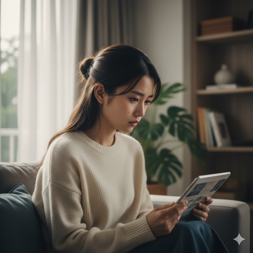 えみ姉の離婚発表をうけ、真剣な表情で考え事をする日本人女性