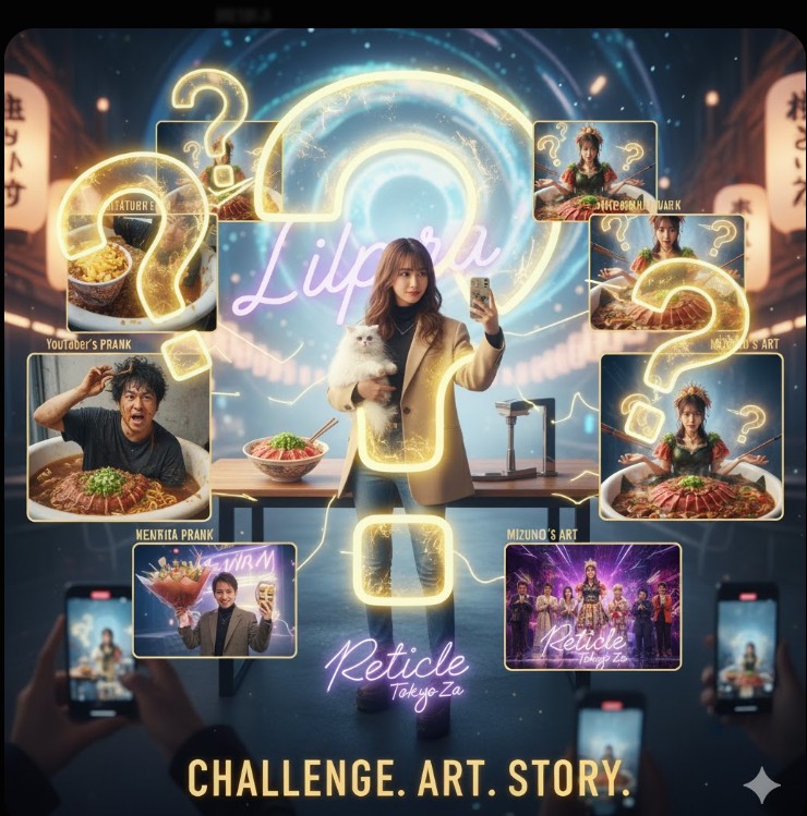 体験型イベントで牛丼風呂に入る水野まゆと、それを取り巻くSNSの反応や世間の疑問を表すイメージ