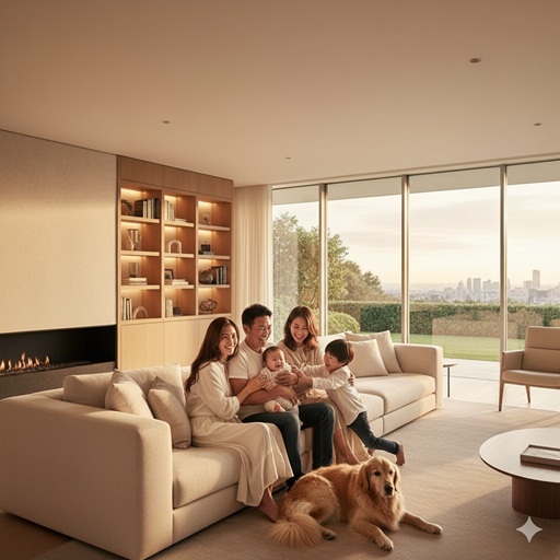 リビングルームでソファに座り、子供たちと犬がくつろぐ日本の家族