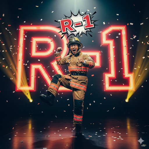 R-1のステージで、消防服の男性ピン芸人が派手なライトの中で歓喜している様子。