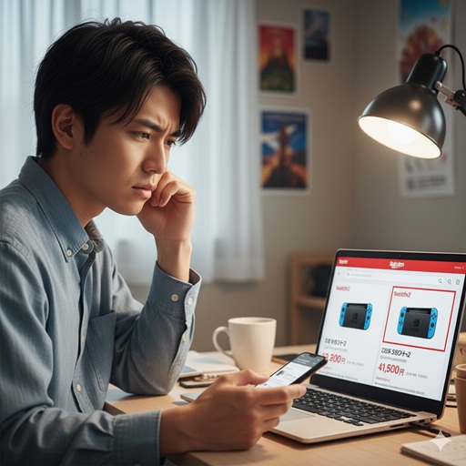 ノートパソコンでオンラインショップ（楽天をイメージ）を見ながら、定価販売と高額な転売価格を比較し、困惑している日本人。