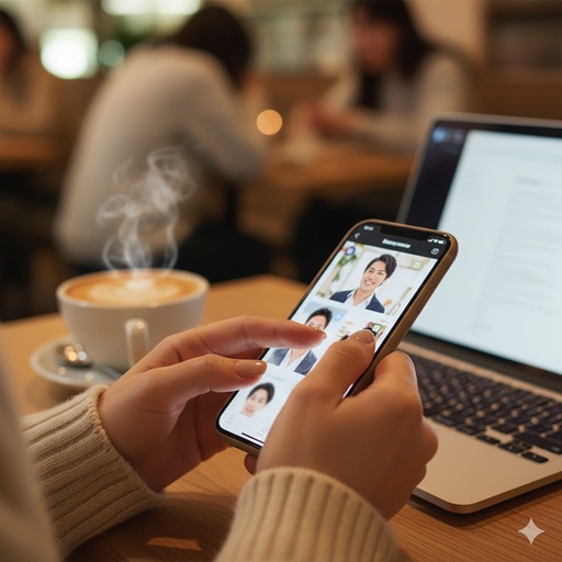 スマートフォンでマッチングアプリを操作する日本人女性の手元