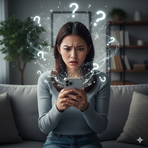 スマートフォンの画面を見て困惑している日本人女性と、情報過多を表す疑問符のイメージ