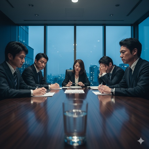 今森茉耶の契約解除という事務所の重大な判断を象徴する、緊張感が漂う会議室