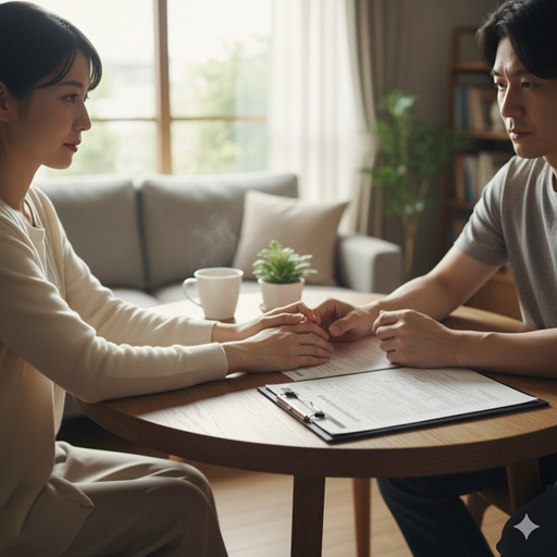 テーブルを挟んで真剣な話し合いをする男女の手元