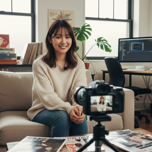 おしゃれな部屋で三脚に乗せたカメラに向かってVlogを撮影している20代の日本人女性YouTuber