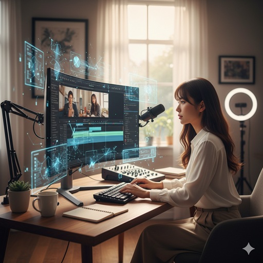 デスクトップパソコンで動画編集作業に没頭し、仕事とキャリアを楽しんでいる自立した日本人女性