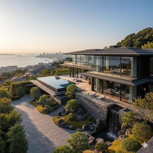海と街並みを望む丘の上に建つ、モダンで豪華なプール付きの家。庭園には滝がある。