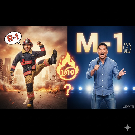 消防士の格好をした芸人とマイクを持った男性芸人が対比され、M-1とR-1のロゴが疑問符と共に配置されている。