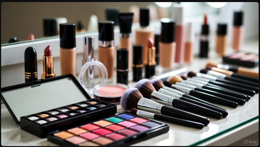 ハーフ顔を作るためのメイク道具一式。アディクションのアイシャドウやカラーコンタクトレンズのイメージ