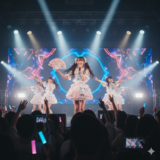 華やかなステージ衣装を着てマイクを持ち、コンサート会場で歌っている日本人女性アイドル