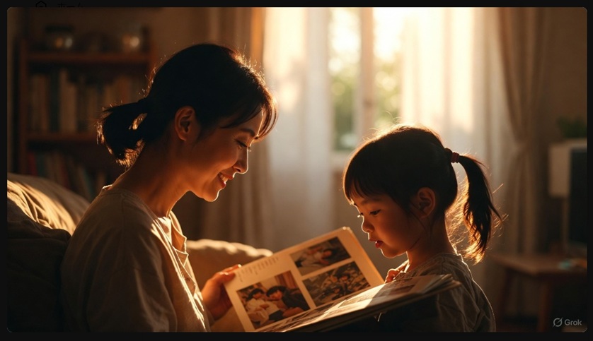 温かい日差しの中で寄り添う母親と娘の後ろ姿。母子家庭で育ったメイリアの絆をイメージ