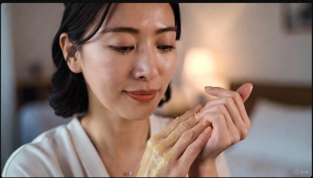 アジア人女性が、枕元らしき場所でアトリックスの「ビューティーチャージ ナイトスペリア」と思われる黄色の粒が入ったハンドクリームを手に取り、丁寧にマッサージしながら塗り込んでいるクローズアップ画像。