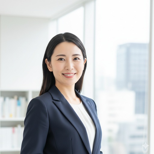 オフィスでネイビーのスーツを着て微笑む、長い黒髪の日本人女性。