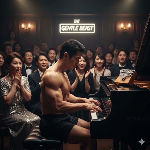- 「THE GENTLE BEAST」と書かれたネオンサインのあるバーで、上半身裸の筋肉質の日本人男性がグランドピアノを演奏している。観客の日本人たちは、その意外な才能に驚きと感動の表情を見せている。