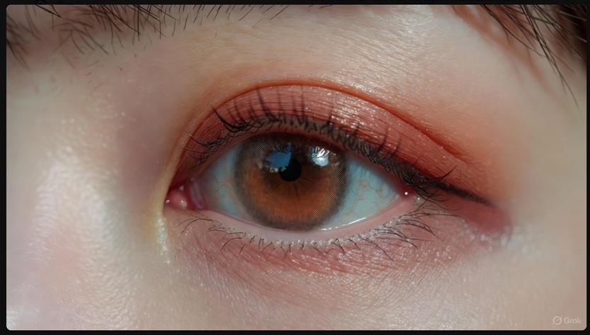 色素の薄い系カラコンと赤みのあるアイシャドウで仕上げた、ハーフ風アイメイクのクローズアップ