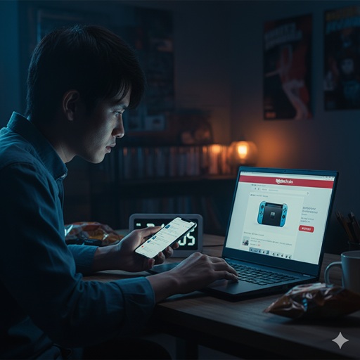 夜9時（21時台）に、暗い部屋でノートパソコンの画面に集中し、Switch2のゲリラ販売（在庫復活）を待っている日本人。