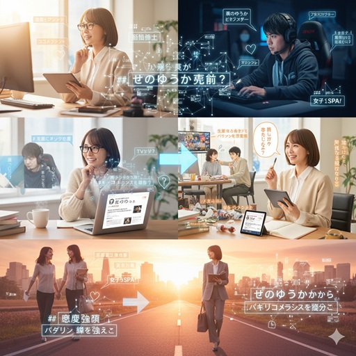 コラムを執筆する日本人の女性と、その周りに広がるメディアのロゴや記事のタイトル。コラムニストとしての活躍を象徴するイメージ。