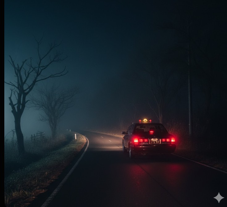 夜の古いトンネルの前に停車するタクシー。通常のツアーとは異なる特別ルートの未知の恐怖と孤独感を表現。
