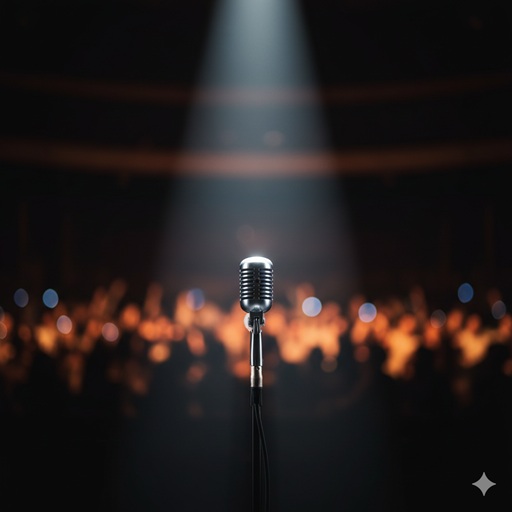 - 芸能界の光と影を象徴するスポットライトとマイク