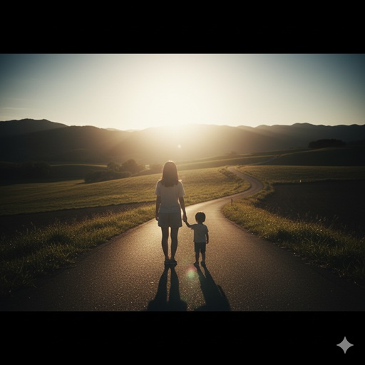 シングルマザーとして再出発する、光に向かって一人で歩き出す日本人女性の後ろ姿