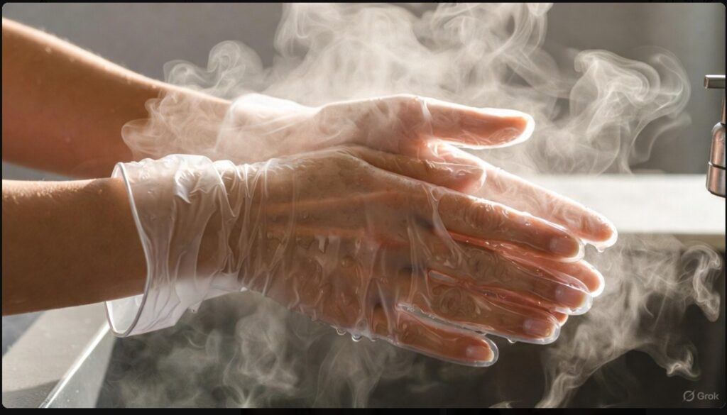 水仕事をしている手（ニトリル手袋着用）のクローズアップ。手袋の内側や周りに温かい湯気（スチーム）が立ち上っている様子を描写し、密封によるスチームパック効果を視覚的に伝えている。