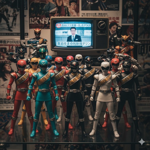 スーパー戦隊のヒーローフィギュアが並び、そのうちの一つが欠けている様子