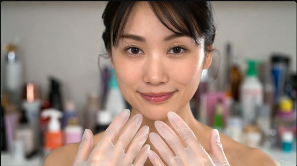 アジア人女性がニトリル手袋（SSサイズを連想させるタイトなフィット感）を着用し、手にぴったりと密着している様子をクローズアップで捉えた画像。背景には家事や美容を連想させる要素がぼかして配置されている。