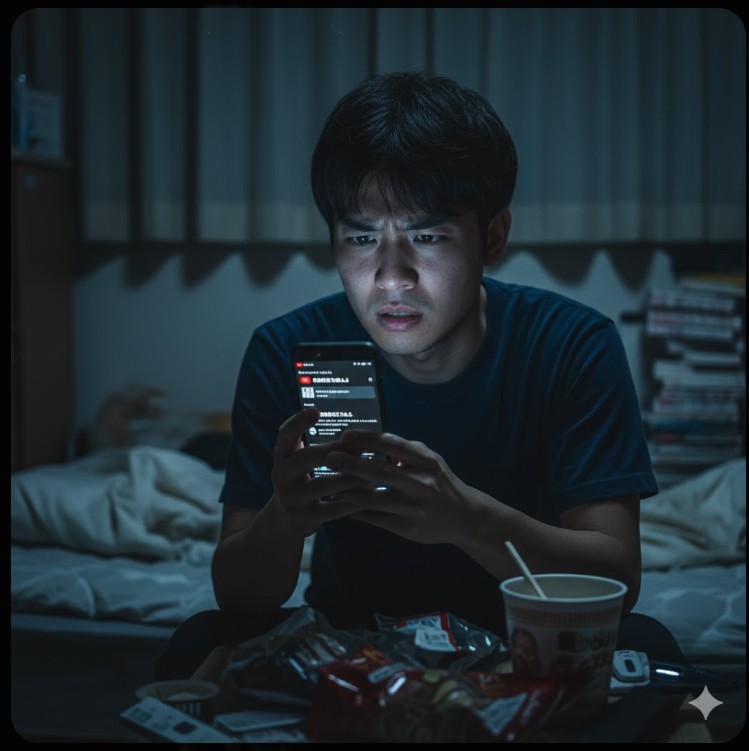 暗い部屋でスマートフォンの画面を見つめる日本人。消えた動画を探しても見つからない検索ユーザーの状況をイメージ。
