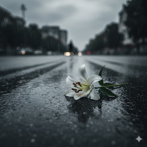 突然の別れと喪失感を象徴する、雨に濡れた地面に置かれた一輪の花