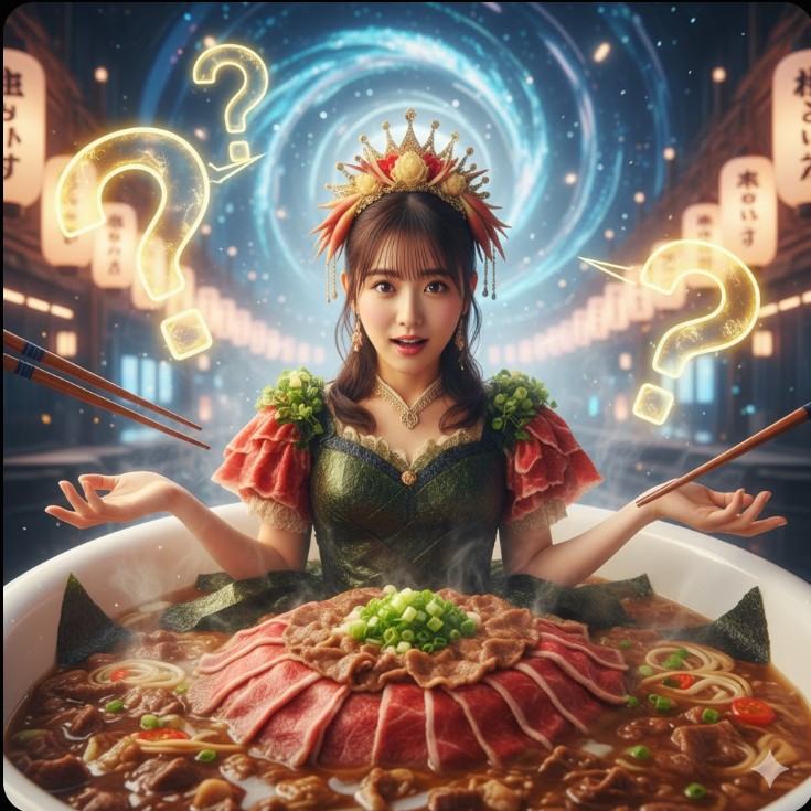 牛丼風呂に入る女性タレントが、疑問符に囲まれ困惑している様子を描いたイメージ画像