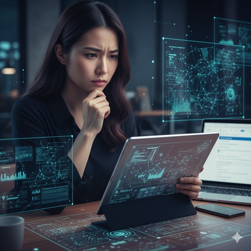 インターネット上の情報をスマートフォンを使って真剣に精査・調査している日本人女性の様子