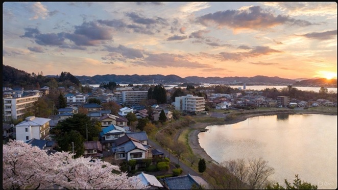メイリアの出身地である茨城県土浦市をイメージさせる、霞ヶ浦湖畔の夕暮れと穏やかな日本の街並み