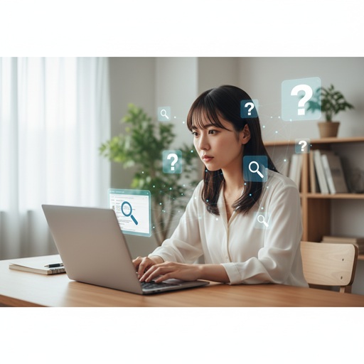 ノートパソコンを使ってインターネット上の学歴情報を検証し、噂の真偽を確かめている日本人女性