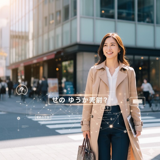 都会の交差点で笑顔で立ち、タブレットを持つ日本人の女性。頭上に「せの ゆうか 再婚？」という検索キーワードが浮かび上がっているイメージ。