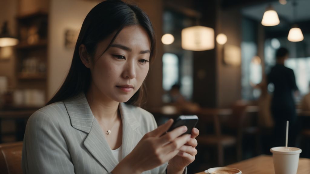 カフェで快適にiPhone 13 miniを使用している日本人女性