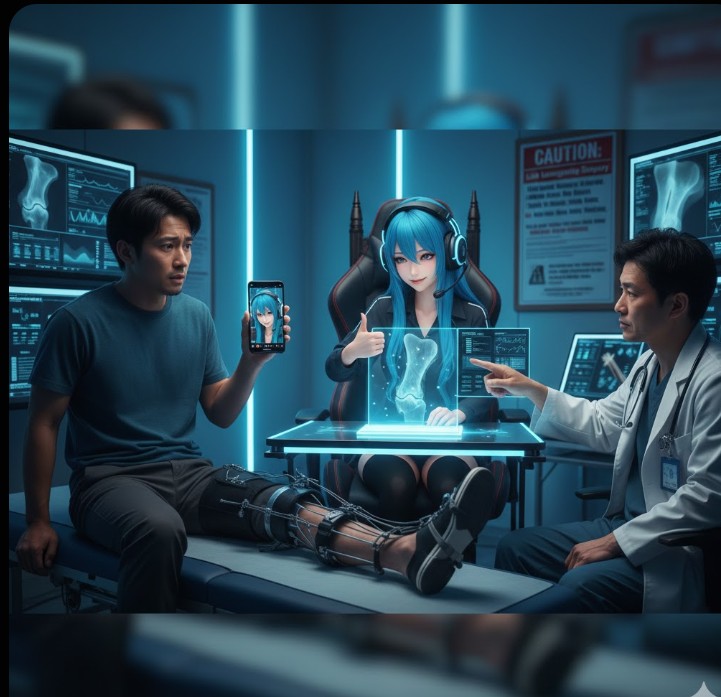 骨延長手術を検討する男性が、病院で医師と相談し、女性配信者に鼓舞されている様子。手術のリスクと倫理的な問題を提起する画像