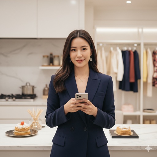 パティシエの調理器具とアパレルショップの背景を背に、スマートフォンを持って微笑むえみ姉風の日本人女性インフルエンサー