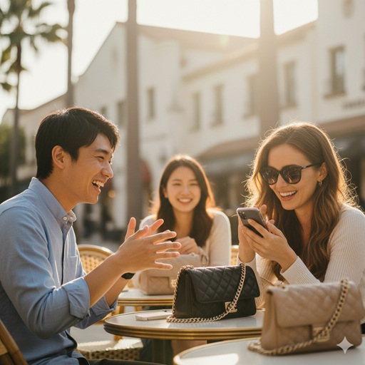 友人たちとカフェで談笑する日本人男性と外国人女性