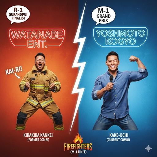 左に消防服の男性、右にマイクを持つ男性が立ち、中央に雷マークで分けられ、それぞれの所属事務所、関連コンビ名、主要な大会実績が対比されている。