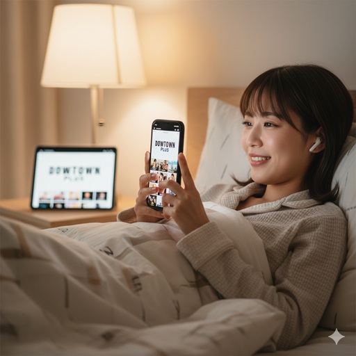 ダウンタウンプラスをベッドで視聴する女性