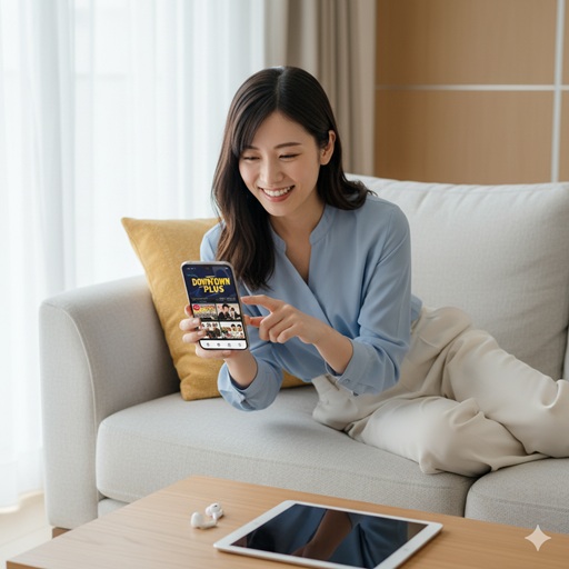 ダウンタウンプラスをスマホで紹介する女性