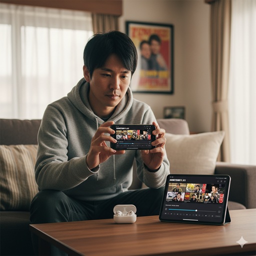 ダウンタウンプラスをスマホで視聴する男性